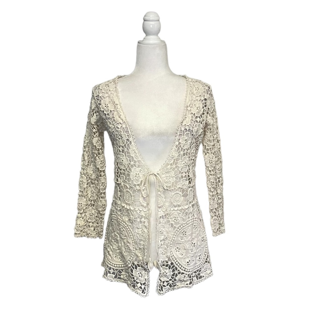 Elan White Floral Crochet Tie Front Cardigan
